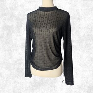 Guess Black Sheer Mesh Monogram Top – Edgy Long Sleeve Festival Layering XL